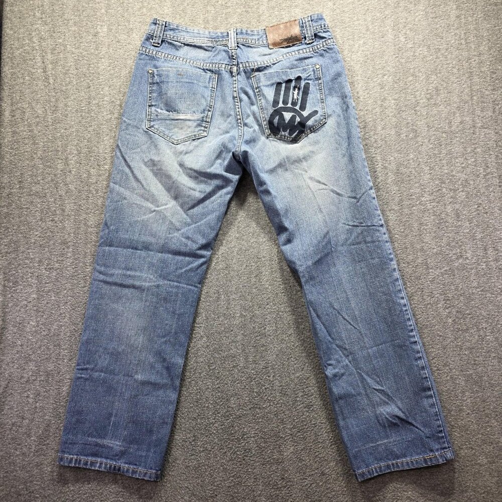 Miskeen Originals Jeans Mens 36x32 Medium Wash Blue Straight Leg Denim Graphic